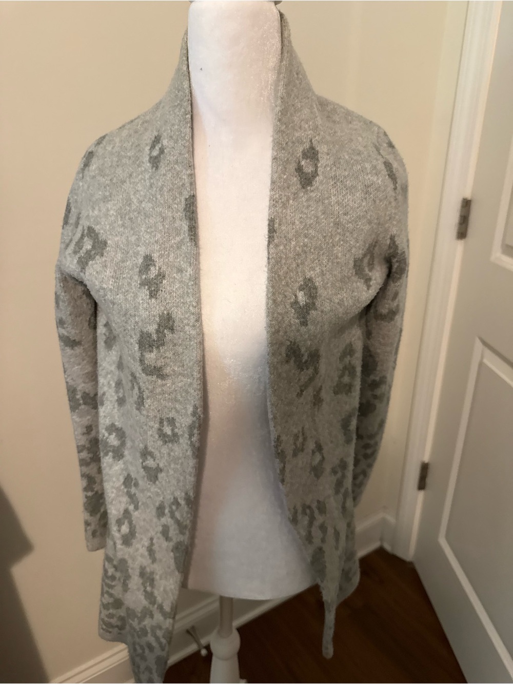 Talbots Light Gray Leopard-Print Open Cardigan